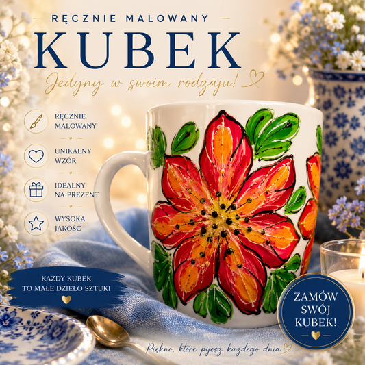 Kubek porcelanowy – ręcznie malowany kwiat czerwieni