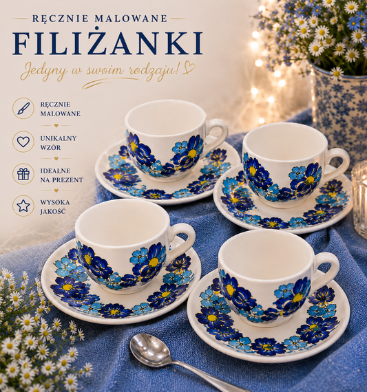Komplet 4 filiżanki ze spodkiem – ręcznie malowana porcelana niebieski folklor