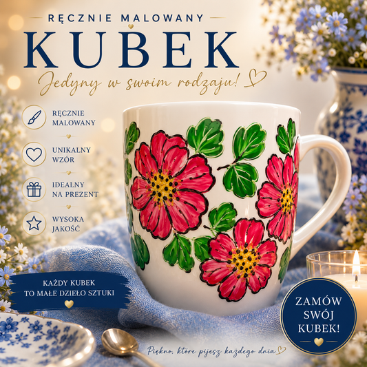 Kubek porcelanowy – ręcznie malowany czerwone kwiaty
