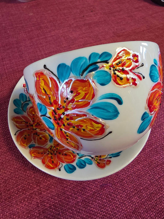 Filiżanka ze spodkiem – ręcznie malowana porcelana kwiat pomarańczy