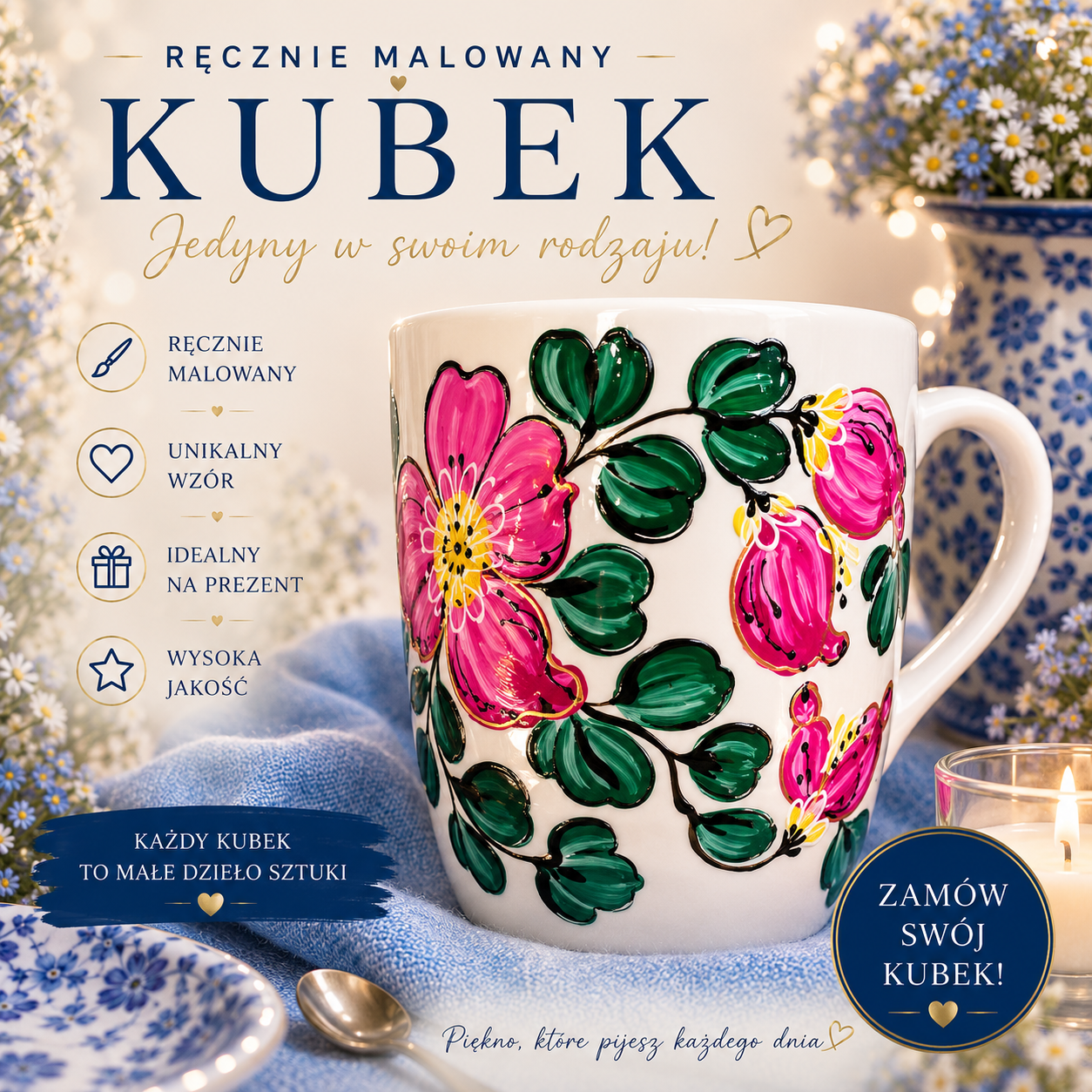 Kubek porcelanowy – ręcznie malowany kwiat różu