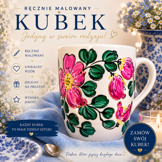 Kubek porcelanowy – ręcznie malowany kwiat różu