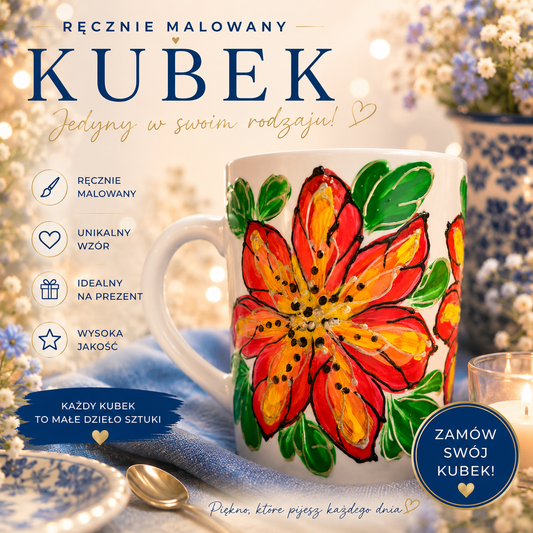 Kubek porcelanowy – ręcznie malowany Kwiat czerwieni z żółtym