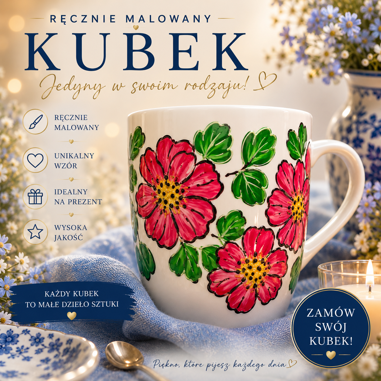 Kubek porcelanowy – ręcznie malowany czerwone kwiaty
