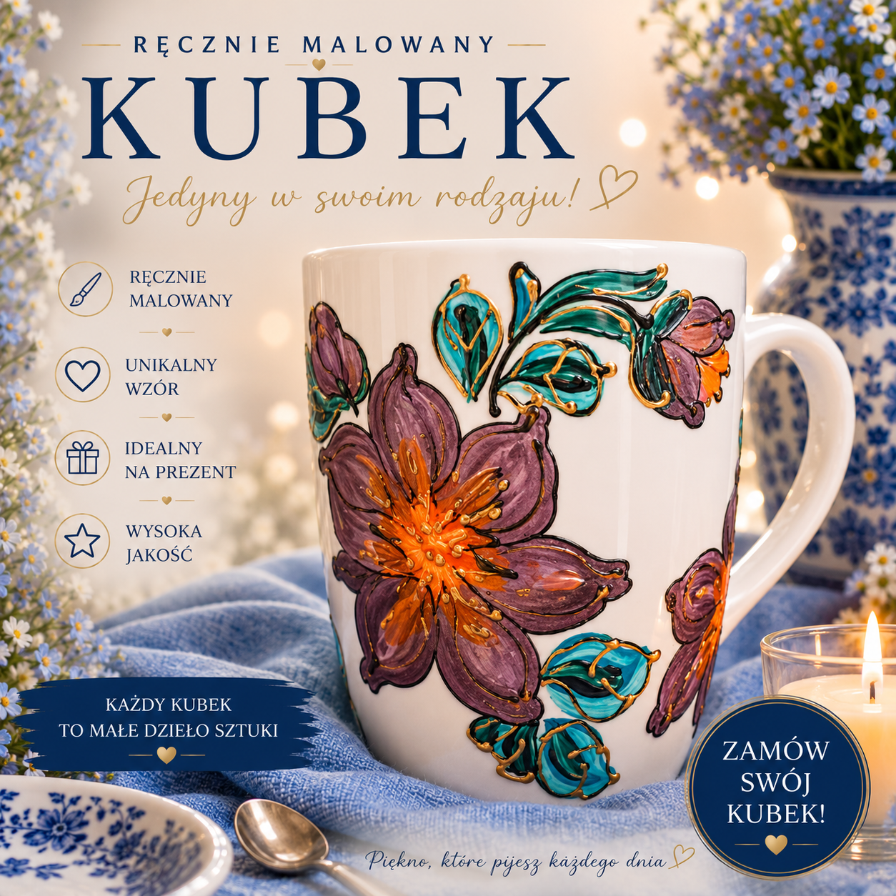 Kubek porcelanowy – ręcznie malowany kwiat brązu