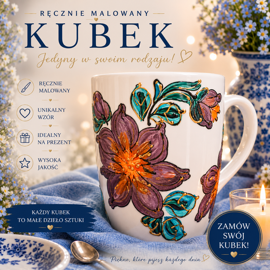 Kubek porcelanowy – ręcznie malowany kwiat brązu
