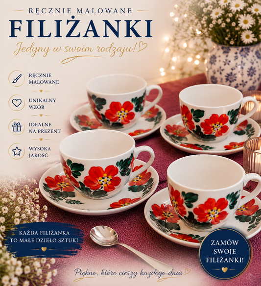 Komplet 4 filiżanki ze spodkiem – ręcznie malowana porcelana czerwone kwiaty