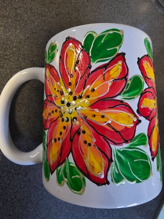 Kubek porcelanowy – ręcznie malowany Kwiat czerwieni z żółtym