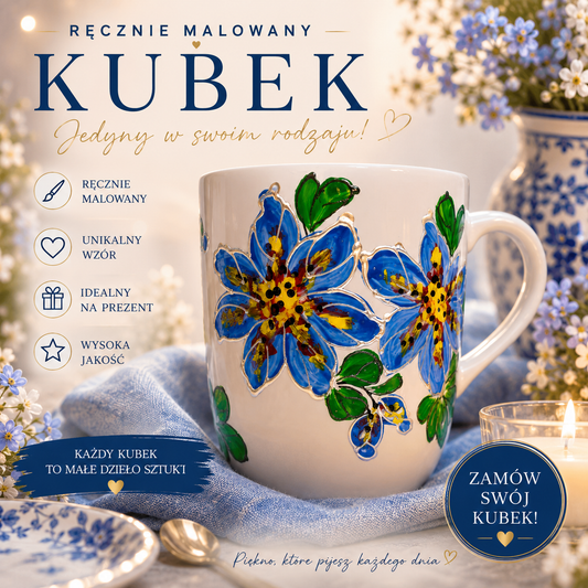 Kubek porcelanowy – ręcznie malowany kwiat niebieska tęcza