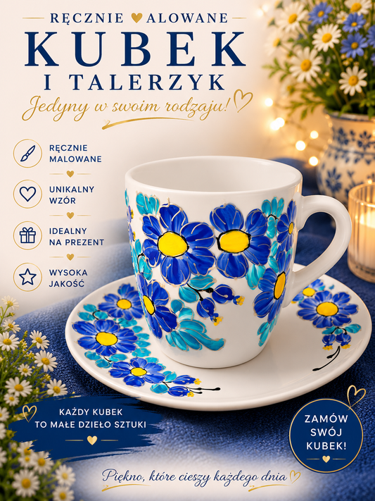 Komplet 2 kubki i 2 talerzyki – ręcznie malowana porcelana