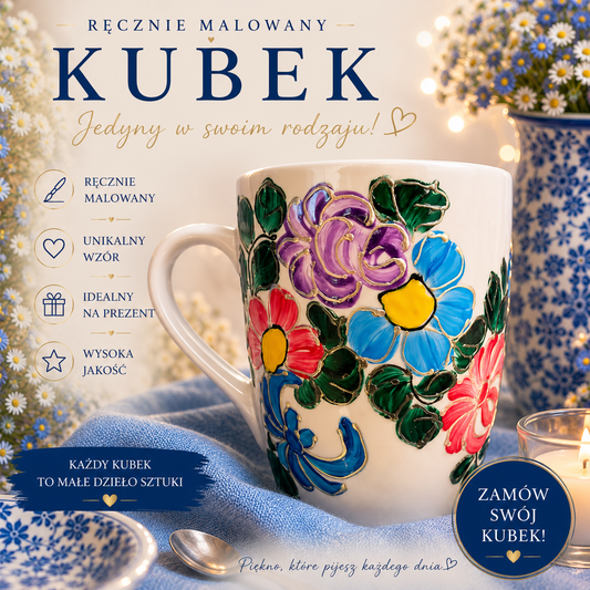 Kubek porcelanowy – ręcznie malowany kolorowy folklor