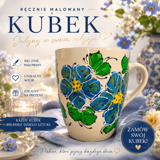 Kubek porcelanowy – ręcznie malowany Kwiat błękitu